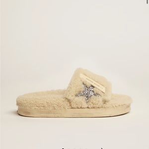 Golden Goose Poolstar in beige shearling with silver glitter star size 35